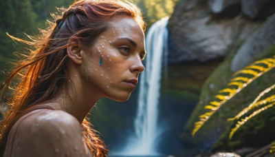 1girl, solo, long hair, blue eyes, brown hair, closed mouth, upper body, water, blurry, from side, lips, wet, profile, depth of field, blurry background, freckles, realistic, nose, facepaint, waterfall, tribal