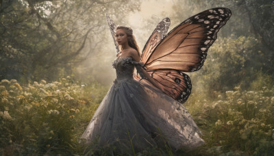 1girl, solo, long hair, breasts, brown hair, dress, bare shoulders, medium breasts, outdoors, wings, tree, nature, forest, fairy wings, fairy, butterfly wings