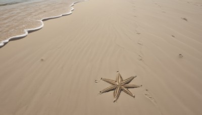 monochrome,outdoors,water,no humans,ocean,beach,scenery,sand,waves,starfish,shore,footprints,day,from above