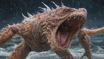 solo,open mouth,tail,outdoors,teeth,tongue,water,wet,no humans,ocean,fangs,sharp teeth,claws,spikes,rain,monster,realistic,scales,dinosaur,kaijuu,sky,blurry