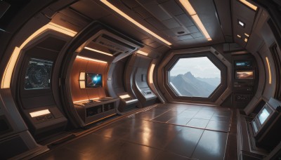 sky,cloud,indoors,no humans,window,glowing,scenery,reflection,science fiction,mountain,tiles,tile floor,spacecraft,cockpit,robot,realistic,space,monitor,planet,screen