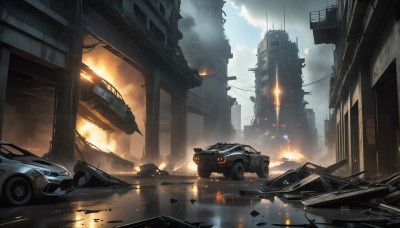 HQ,outdoors,sky,day,cloud,blue sky,no humans,cloudy sky,fire,ground vehicle,building,scenery,motor vehicle,smoke,reflection,science fiction,city,car,road,ruins,vehicle focus,street,skyscraper,debris,destruction,signature,water,sports car