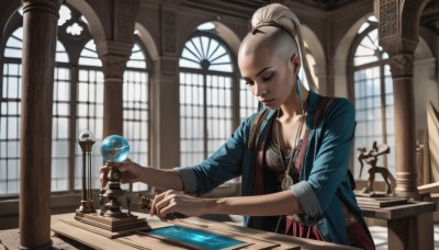 1girl,solo,long hair,breasts,smile,holding,cleavage,jewelry,sitting,closed mouth,collarbone,closed eyes,upper body,ponytail,white hair,grey hair,earrings,open clothes,day,indoors,necklace,hair bun,lips,window,makeup,looking down,table,sunlight,single hair bun,blue jacket,sleeves rolled up,fantasy,hair pulled back,board game,globe,medium breasts,high ponytail,robe,realistic,nose,bald,architecture,earphones,chess piece,pillar,earbuds,rook (chess)