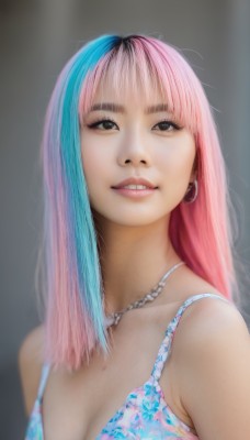 1girl,solo,long hair,breasts,looking at viewer,smile,bangs,cleavage,bare shoulders,brown eyes,jewelry,medium breasts,underwear,blue hair,swimsuit,upper body,pink hair,bikini,multicolored hair,earrings,parted lips,teeth,necklace,bra,grin,blurry,black eyes,two-tone hair,lips,aqua hair,makeup,blurry background,floral print,realistic,nose,black hair,looking up,hoop earrings