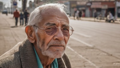 solo,looking at viewer,short hair,shirt,1boy,closed mouth,jacket,upper body,white hair,male focus,outdoors,glasses,solo focus,day,blurry,depth of field,blurry background,facial hair,formal,sunglasses,portrait,beard,meme,realistic,round eyewear,mustache,road,bald,old,old man,street,crowd,photo background,wrinkled skin,artist name,signature,lips,coat,thick eyebrows,mature male,nose,aqua shirt