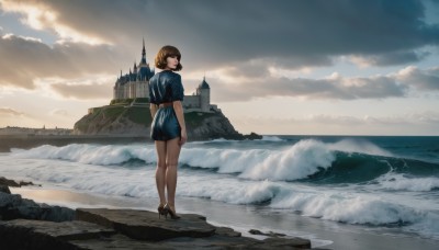 1girl,solo,looking at viewer,short hair,bangs,brown hair,dress,brown eyes,jewelry,closed mouth,standing,full body,short sleeves,earrings,outdoors,sky,shoes,day,belt,looking back,cloud,water,from behind,black footwear,high heels,lips,bare legs,makeup,blue dress,ocean,beach,short dress,cloudy sky,lipstick,scenery,mountain,arms at sides,horizon,wide shot,castle,shore,cliff,skirt,pantyhose,black pantyhose,sand,river