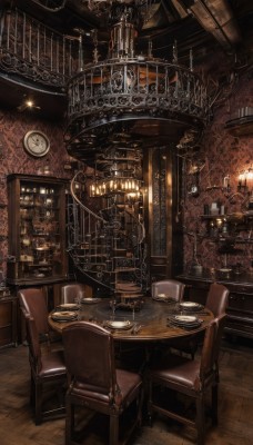 indoors,cup,book,no humans,chair,table,scenery,plate,teacup,lantern,wooden floor,stairs,clock,bookshelf,lamp,candle,teapot,saucer,gears,cage,candlestand,birdcage,chandelier,wooden chair,roman numeral,fireplace