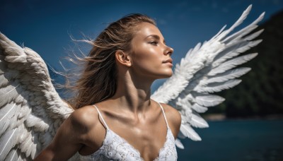 1girl,solo,long hair,breasts,brown hair,dress,cleavage,bare shoulders,brown eyes,medium breasts,collarbone,upper body,small breasts,outdoors,parted lips,wings,sky,dark skin,water,white dress,blurry,dark-skinned female,lips,looking away,feathered wings,angel wings,realistic,nose,white wings,angel,day