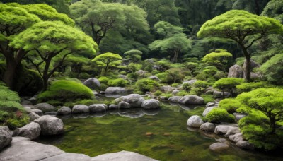 outdoors,day,tree,no humans,leaf,traditional media,grass,plant,nature,scenery,forest,rock,bush,river,moss,stone,flower,water,pond,stream