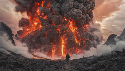 1boy, standing, outdoors, sky, cloud, cloudy sky, fire, scenery, 1other, monster, fantasy, giant, ambiguous gender, molten rock