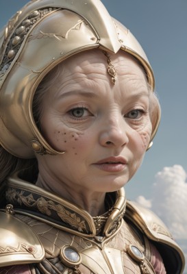 1girl,solo,long hair,looking at viewer,brown hair,brown eyes,upper body,outdoors,parted lips,sky,day,cloud,armor,blue sky,lips,grey eyes,helmet,shoulder armor,gem,portrait,freckles,pauldrons,breastplate,realistic,nose,chainmail,plate armor,closed mouth,blurry,eyelashes,blurry background,close-up