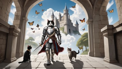 solo,1boy,holding,standing,weapon,boots,outdoors,sky,day,sword,cloud,cape,holding weapon,armor,tree,blue sky,shadow,bird,animal,holding sword,cat,helmet,cloudy sky,bug,shoulder armor,gauntlets,building,butterfly,sheath,scenery,1other,walking,pauldrons,breastplate,fantasy,armored boots,greaves,black cat,pillar,castle,knight,full armor,tower,ambiguous gender,arch,column,plate armor,1girl,animal ears,tail,full body,no humans,arms at sides,red cape,faulds,leg armor,yellow butterfly