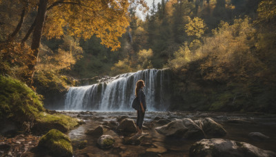 1girl, solo, brown hair, standing, jacket, outdoors, barefoot, day, pants, water, tree, nature, scenery, forest, rock, river, waterfall, stream, pants rolled up