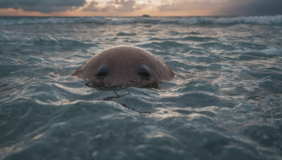 outdoors, sky, cloud, water, blurry, no humans, ocean, animal, cloudy sky, scenery, sunset, horizon, waves