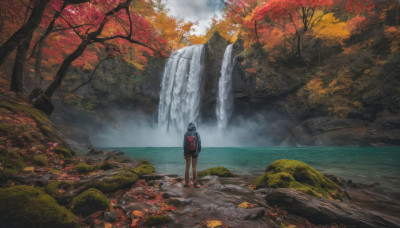 1girl, solo, standing, jacket, outdoors, sky, day, hood, water, bag, from behind, tree, leaf, backpack, nature, scenery, rock, facing away, autumn leaves, wide shot, autumn, waterfall