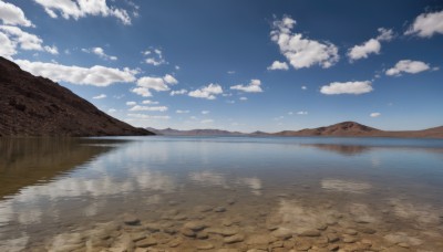 outdoors,sky,day,cloud,water,blue sky,no humans,cloudy sky,nature,scenery,reflection,mountain,horizon,landscape,mountainous horizon,lake,reflective water,ocean,road,river,shore