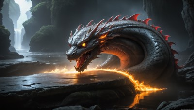 HQ,solo,open mouth,yellow eyes,outdoors,teeth,water,orange eyes,no humans,glowing,fangs,watermark,fire,sharp teeth,scenery,glowing eyes,monster,rock,mountain,dragon,scales,waterfall,cave,breathing fire,molten rock,horns,spikes,fantasy