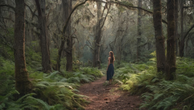 1girl, solo, long hair, skirt, brown hair, outdoors, barefoot, tree, sunlight, grass, plant, nature, scenery, forest, long skirt