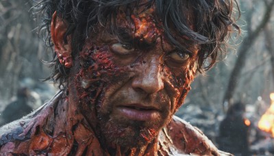 solo,short hair,blue eyes,black hair,1boy,closed mouth,male focus,outdoors,pointy ears,blurry,lips,looking to the side,depth of field,blurry background,facial hair,looking away,portrait,science fiction,realistic,cyborg,looking at viewer,bangs,jewelry,earrings,black eyes,scar,piercing,ear piercing,close-up,veins