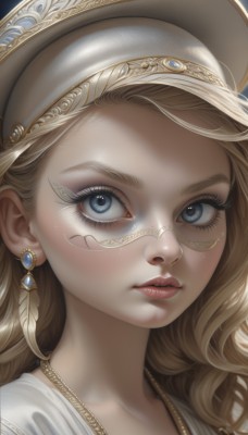 1girl,solo,long hair,looking at viewer,blue eyes,blonde hair,simple background,hat,white background,jewelry,earrings,parted lips,necklace,lips,grey eyes,eyelashes,makeup,white headwear,feathers,gem,portrait,close-up,realistic,nose,blush,brown hair,shirt,closed mouth,white shirt,artist name,wavy hair,mascara