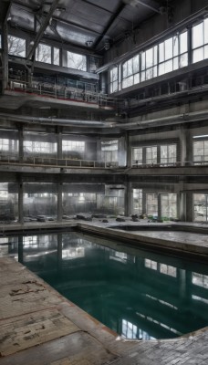 day,indoors,water,tree,no humans,window,sunlight,ground vehicle,building,scenery,reflection,stairs,architecture,bridge,train station,railroad tracks,science fiction,railing,cable,tile floor,ruins,ceiling,ceiling light