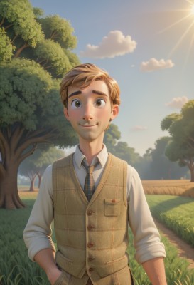 solo,looking at viewer,blush,smile,short hair,brown hair,shirt,long sleeves,1boy,brown eyes,standing,white shirt,upper body,male focus,outdoors,necktie,sky,day,striped,collared shirt,pants,cloud,vest,tree,blue sky,plaid,blood,sunlight,thick eyebrows,grass,nature,sleeves rolled up,pocket,hand in pocket,sun,nosebleed,brown vest,artist name,striped necktie