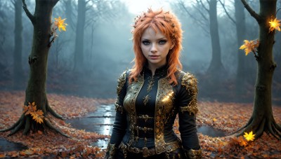 HQ,1girl,solo,long hair,breasts,looking at viewer,smile,blue eyes,hair ornament,long sleeves,jewelry,medium breasts,upper body,red hair,outdoors,parted lips,belt,water,necklace,orange hair,armor,tree,lips,eyelashes,makeup,chain,leaf,wavy hair,sunlight,cross,nature,forest,freckles,gold trim,realistic,red lips,autumn leaves,autumn,scenery