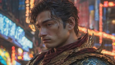 solo,short hair,brown hair,black hair,1boy,closed mouth,upper body,male focus,outdoors,scarf,armor,blurry,black eyes,lips,depth of field,blurry background,portrait,red scarf,realistic,nose,bangs,from side,night,shoulder armor,pauldrons,city,looking ahead,city lights