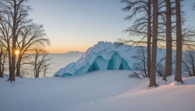 outdoors,sky,cloud,tree,blue sky,no humans,nature,scenery,snow,sunset,ice,mountain,sun,winter,bare tree,gradient sky,sunrise,day,forest,horizon