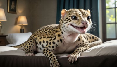 HQ,solo,open mouth,lying,teeth,indoors,blurry,pillow,book,no humans,window,bed,depth of field,blurry background,bed sheet,animal,on bed,fangs,on stomach,sharp teeth,curtains,claws,realistic,lamp,bedroom,animal focus,smile,whiskers