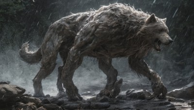 solo,open mouth,standing,tail,outdoors,sky,teeth,from side,tree,no humans,animal,fangs,cloudy sky,claws,rain,rock,animal focus,wolf,overcast,sharp teeth,realistic