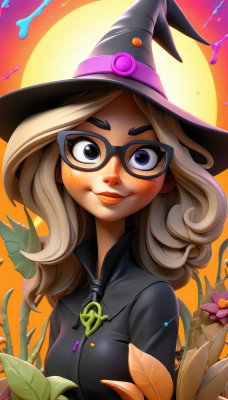 1girl,solo,long hair,breasts,looking at viewer,smile,blue eyes,blonde hair,hat,jewelry,medium breasts,closed mouth,upper body,flower,glasses,artist name,necklace,lips,eyelashes,black headwear,makeup,mask,witch hat,leaf,watermark,thick eyebrows,plant,lipstick,eyeshadow,halloween,freckles,black-framed eyewear,nose,purple flower,witch,black dress,moon,orange background