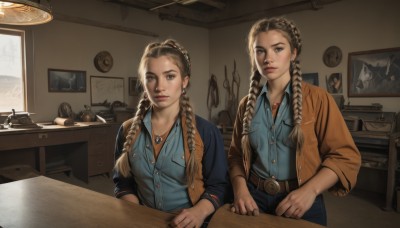 long hair,breasts,looking at viewer,multiple girls,brown hair,shirt,2girls,brown eyes,jewelry,sitting,closed mouth,jacket,weapon,braid,hairband,earrings,open clothes,collared shirt,belt,pants,indoors,necklace,twin braids,lips,siblings,chair,table,blue shirt,denim,sisters,hair over shoulder,sleeves rolled up,twins,belt buckle,mirror,realistic,nose,brown belt,lamp,photo (object),picture frame,black hair,hair ornament,long sleeves,upper body,mole,open jacket,makeup,buttons,lipstick,forehead,buckle,brown jacket,jeans,pink lips,red lips,map,dreadlocks