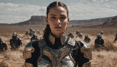 1girl,long hair,looking at viewer,brown hair,black hair,brown eyes,closed mouth,upper body,ponytail,outdoors,multiple boys,sky,solo focus,day,cloud,armor,blurry,lips,blurry background,helmet,shoulder armor,6+boys,pauldrons,breastplate,realistic,full armor,soldier,plate armor,army,solo,expressionless,cloudy sky,freckles,mountain,multiple others,knight,desert