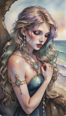 1girl,solo,long hair,breasts,blush,blonde hair,brown hair,hair ornament,dress,bare shoulders,jewelry,collarbone,closed eyes,upper body,multicolored hair,earrings,outdoors,parted lips,sky,teeth,day,artist name,cloud,hand up,signature,water,necklace,nail polish,from side,lips,fingernails,wet,eyelashes,strapless,makeup,blue dress,ocean,watermark,wavy hair,beach,ring,lipstick,hand on own chest,gem,strapless dress,armlet,eyeshadow,freckles,green dress,circlet,rock,sand,red lips,mascara,multiple rings,green gemstone,head chain,nose,waves