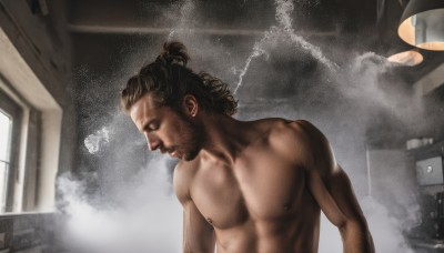 solo,brown hair,black hair,1boy,nipples,upper body,male focus,nude,indoors,dark skin,window,muscular,facial hair,dark-skinned male,pectorals,steam,beard,topless male,realistic,dreadlocks,short hair,closed mouth,closed eyes,from side,muscular male,manly