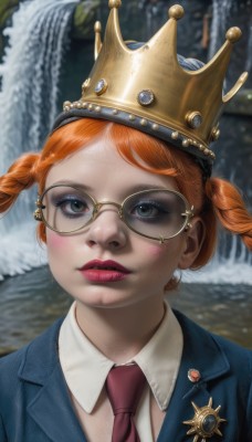 1girl,solo,looking at viewer,blush,short hair,blue eyes,shirt,twintails,jacket,white shirt,braid,parted lips,necktie,glasses,collared shirt,artist name,water,orange hair,blurry,twin braids,lips,makeup,detached collar,blurry background,crown,lipstick,short twintails,blue jacket,red necktie,freckles,realistic,round eyewear,red lips,yellow-framed eyewear,long hair,green eyes,upper body,red hair,eyelashes,portrait