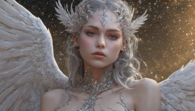 1girl,solo,long hair,blue eyes,hair ornament,bare shoulders,jewelry,closed mouth,collarbone,upper body,white hair,grey hair,earrings,wings,lips,grey eyes,looking away,portrait,star (sky),feathered wings,freckles,angel wings,realistic,white wings,angel,looking at viewer,expressionless,piercing,head wings,light particles,nose