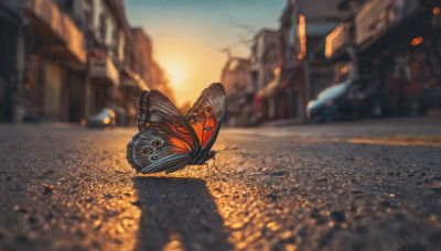 outdoors, sky, blurry, dutch angle, no humans, depth of field, blurry background, animal, bug, building, butterfly, scenery, sunset, city, realistic, road, street