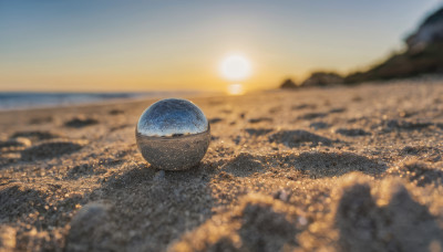 outdoors, sky, cloud, blurry, no humans, depth of field, scenery, sunset, sun, horizon, planet