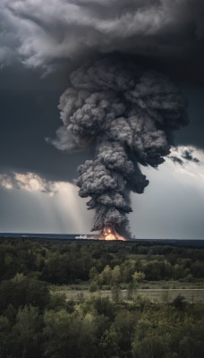 solo,outdoors,sky,day,cloud,water,tree,no humans,ocean,sunlight,cloudy sky,fire,nature,scenery,forest,smoke,landscape