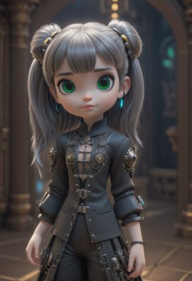 1girl,solo,long hair,looking at viewer,bangs,long sleeves,twintails,jewelry,closed mouth,green eyes,standing,jacket,grey hair,cowboy shot,earrings,belt,pants,artist name,indoors,hair bun,blurry,flat chest,bracelet,lips,double bun,depth of field,blurry background,expressionless,black pants,arms at sides,weapon,gun,empty eyes