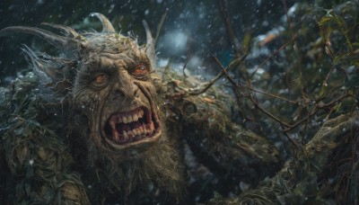 solo,open mouth,outdoors,horns,teeth,armor,blurry,tree,orange eyes,no humans,fangs,plant,sharp teeth,nature,snow,monster,snowing,branch,antlers,red eyes,spikes,realistic,tusks