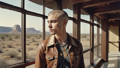 solo,shirt,1boy,jewelry,closed mouth,jacket,upper body,male focus,open clothes,day,indoors,necklace,star (symbol),open jacket,tree,looking to the side,military,window,facial hair,building,brown jacket,realistic,bald,very short hair,leather,leather jacket,buzz cut,brown eyes,outdoors,sky,looking away,scenery