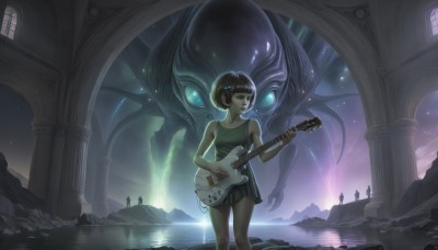 1girl,solo,short hair,bangs,skirt,brown hair,black hair,dress,holding,bare shoulders,standing,sky,sleeveless,blunt bangs,water,night,glowing,short dress,instrument,star (sky),scenery,starry sky,reflection,science fiction,monster,music,guitar,ruins,playing instrument,pillar,alien,hair ornament,tank top,electric guitar,bass guitar