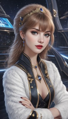 1girl,solo,long hair,breasts,looking at viewer,bangs,brown hair,hair ornament,dress,cleavage,jewelry,medium breasts,upper body,earrings,parted lips,sky,necklace,nail polish,lips,grey eyes,fur trim,eyelashes,makeup,night,crossed arms,ring,tiara,crown,lipstick,gem,star (sky),red nails,eyeshadow,realistic,nose,red lips,red gemstone,long sleeves,coat,fingernails,fur coat