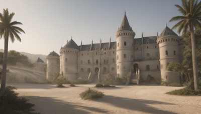 outdoors,sky,day,tree,blue sky,no humans,shadow,grass,building,scenery,sand,palm tree,road,bush,castle,tower,plant,mountain,path,arch