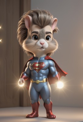 solo,looking at viewer,smile,brown hair,1boy,animal ears,brown eyes,closed mouth,standing,full body,male focus,boots,belt,artist name,indoors,signature,cape,blurry,bodysuit,muscular,blurry background,pectorals,muscular male,red footwear,skin tight,furry,clenched hands,red cape,furry male,body fur,superhero,blue bodysuit,whiskers,lion boy,gloves,chibi,watermark,realistic