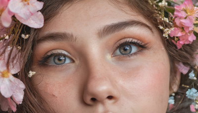 1girl, solo, looking at viewer, brown hair, brown eyes, flower, blurry, eyelashes, cherry blossoms, portrait, close-up, pink flower, realistic, eye focus