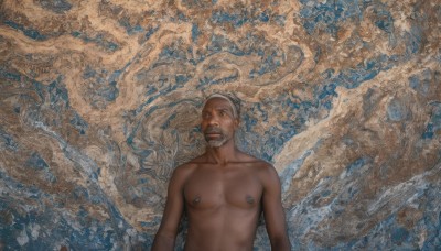 solo,looking at viewer,short hair,open mouth,1boy,nipples,collarbone,upper body,white hair,grey hair,male focus,nude,facial hair,piercing,pectorals,beard,realistic,mustache,nipple piercing,old,old man,dark skin,dark-skinned male,looking up,topless male